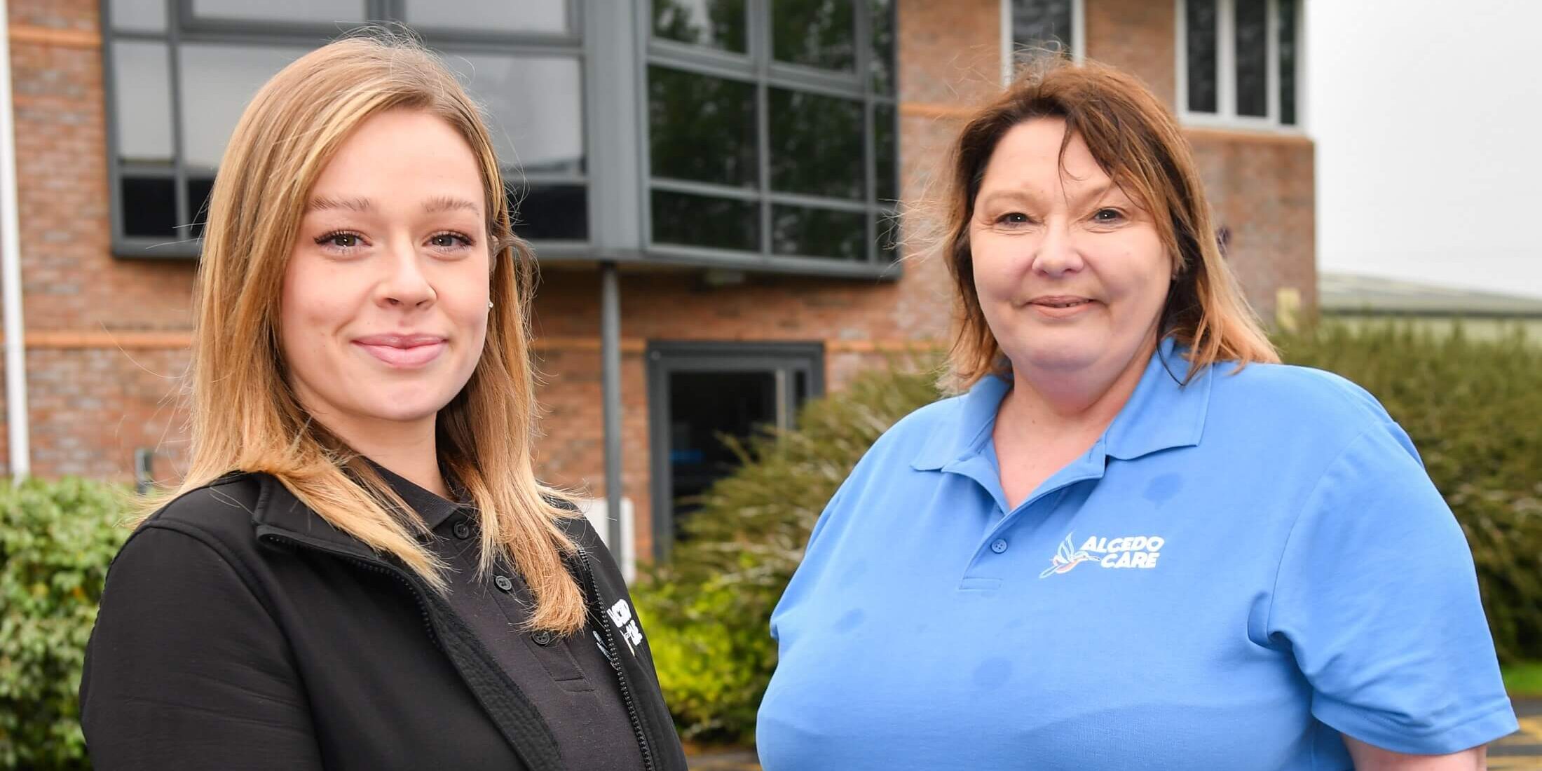 Chelsea Bryans Cindy Cragg outside Alcedo new Darwen office
