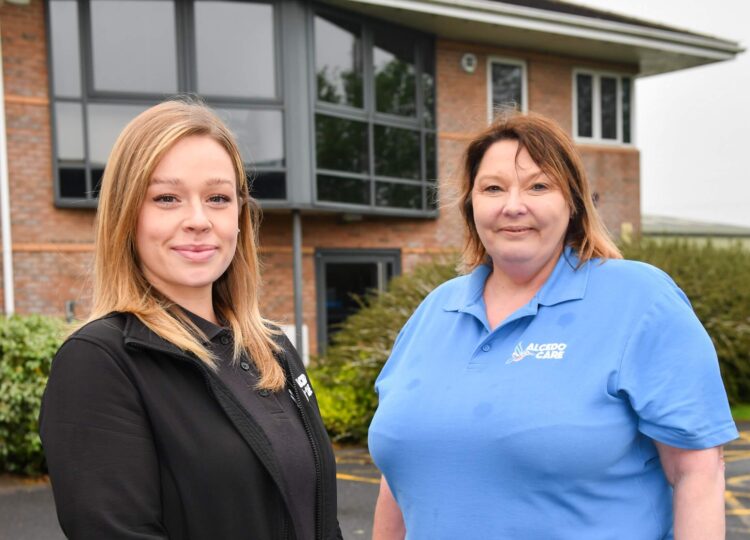Chelsea Bryans Cindy Cragg outside Alcedo new Darwen office