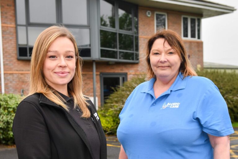 Chelsea Bryans Cindy Cragg outside Alcedo new Darwen office
