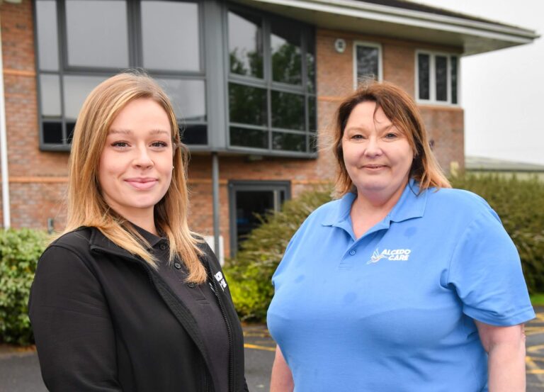 Chelsea Bryans Cindy Cragg outside Alcedo new Darwen office